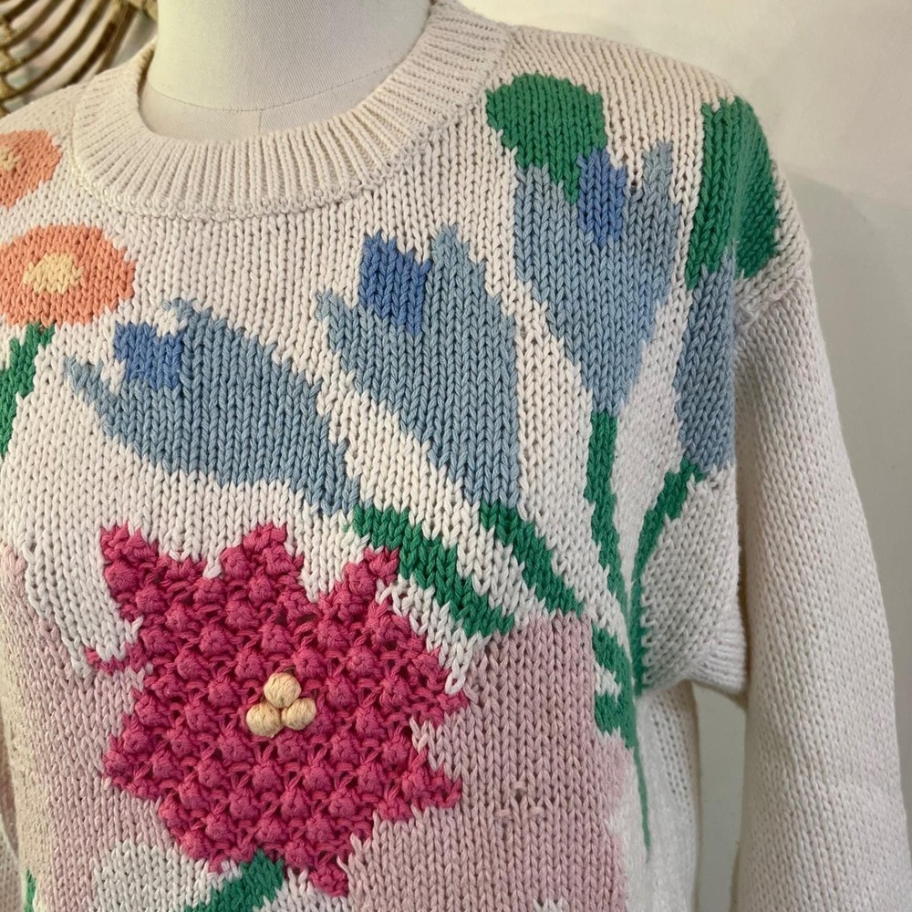 Vintage Cream Cotton Knit Floral Intarsia Sweater Popcorn Stitch Large - Picture 5 of 7
